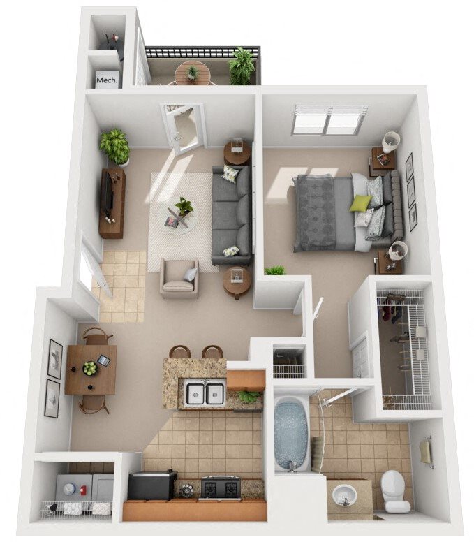 Palms floor plan 3D 1 bed - 1 bath 755 sq. ft.